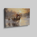 Framed canvas print of Santa Claus with reindeer in a winter sunset landscape