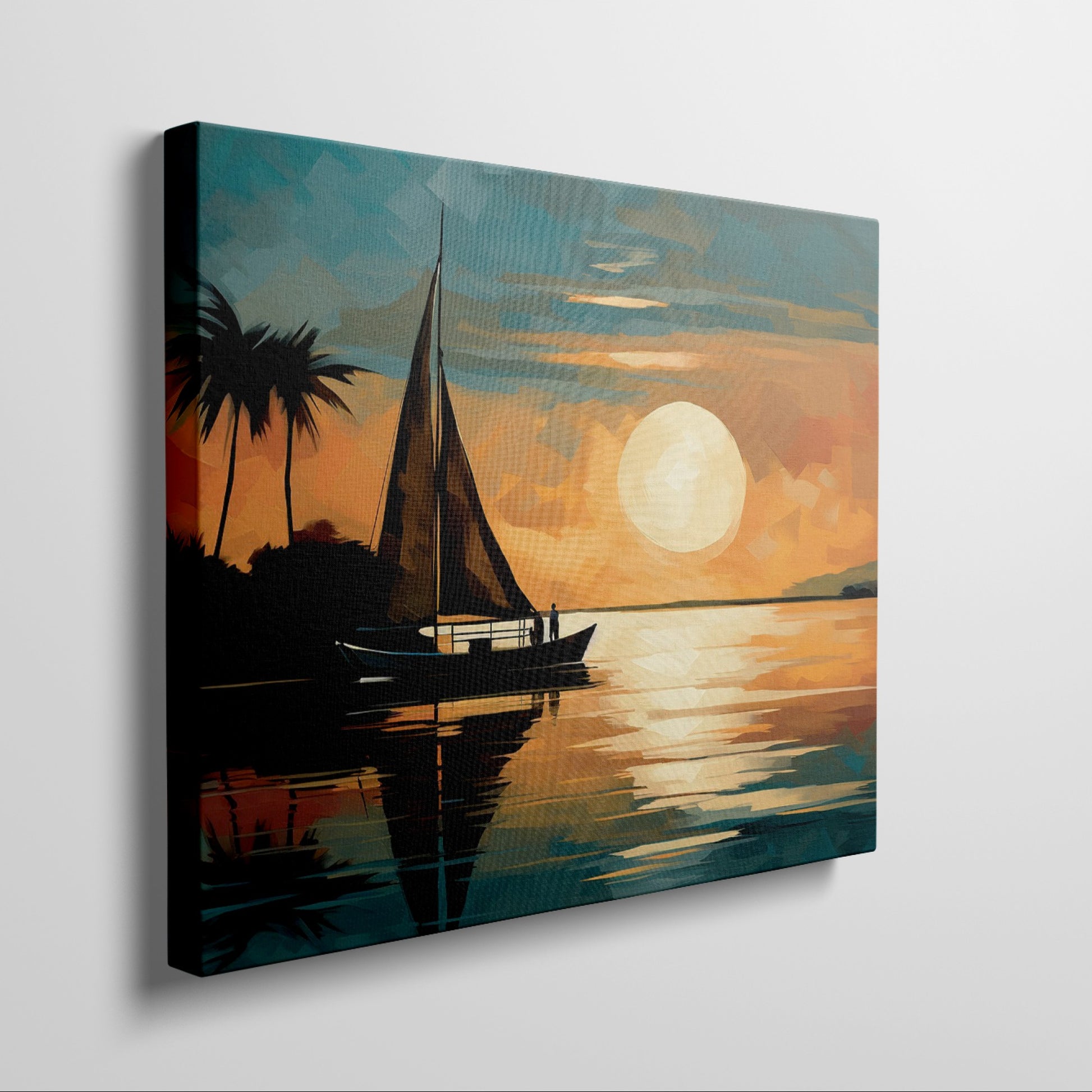 Abstract tropical sunset with a silhouetted sailboat at sea under a large sun with palm trees and calm water reflections.