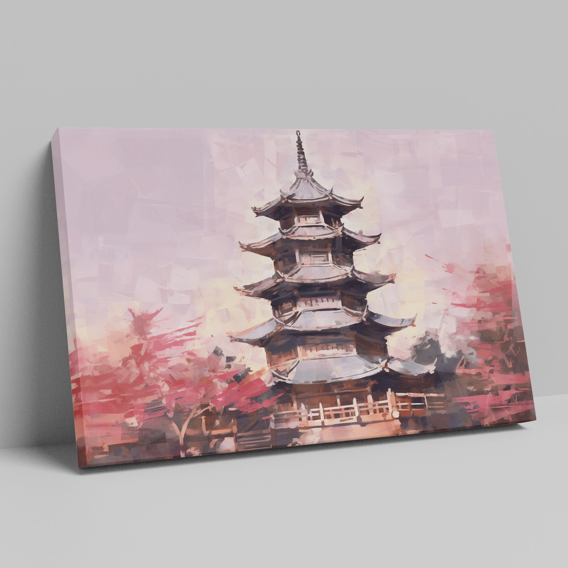 Framed canvas print of a tranquil pagoda with cherry blossoms in soft pastel hues