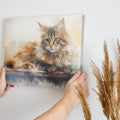 Framed canvas print of a long-haired cat with a watercolor effect in warm tones