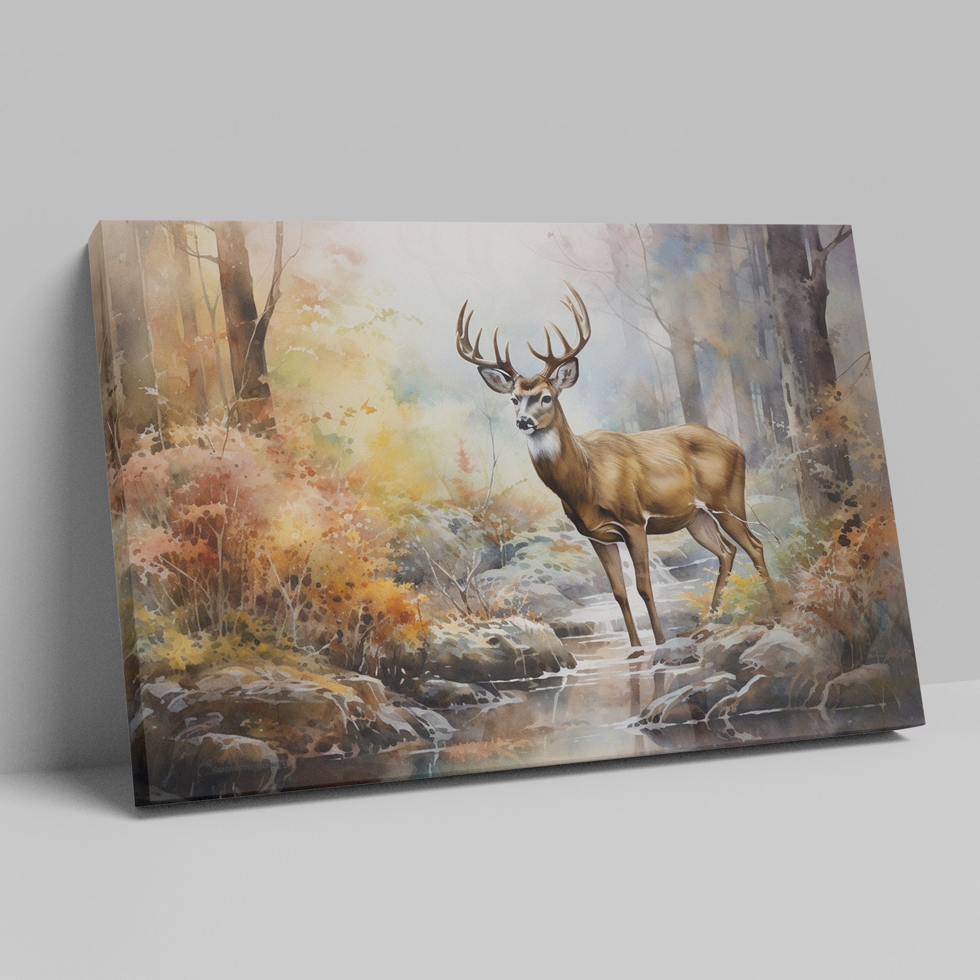 Framed canvas print of a stag in a watercolour autumn forest