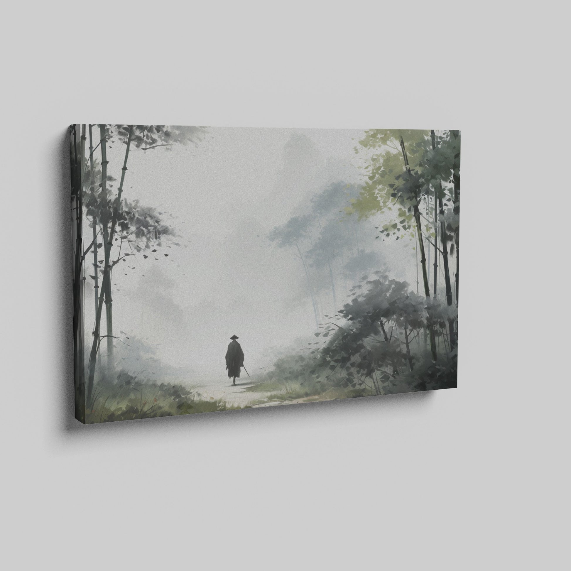 Framed canvas print featuring a solitary figure walking through a misty, ethereal bamboo forest cast in a monochrome colour scheme