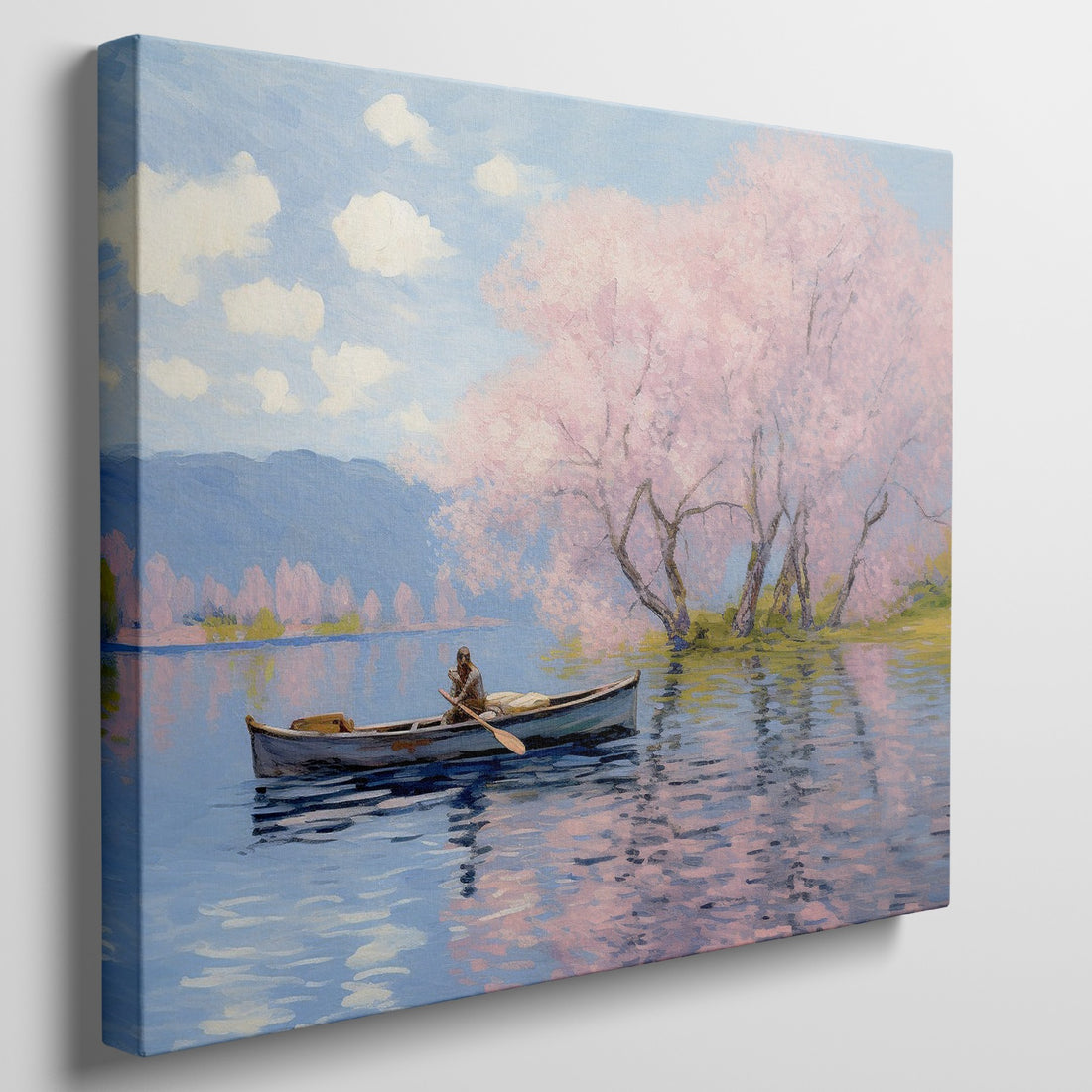 Framed canvas print of Impressionist-style cherry blossoms over a lake with a rowboat