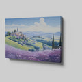 Framed canvas print of stylised Tuscan village landscape with pastel countryside and purple floral field