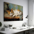 Framed canvas print of a peaceful sleeping cat in warm tones with painterly strokes