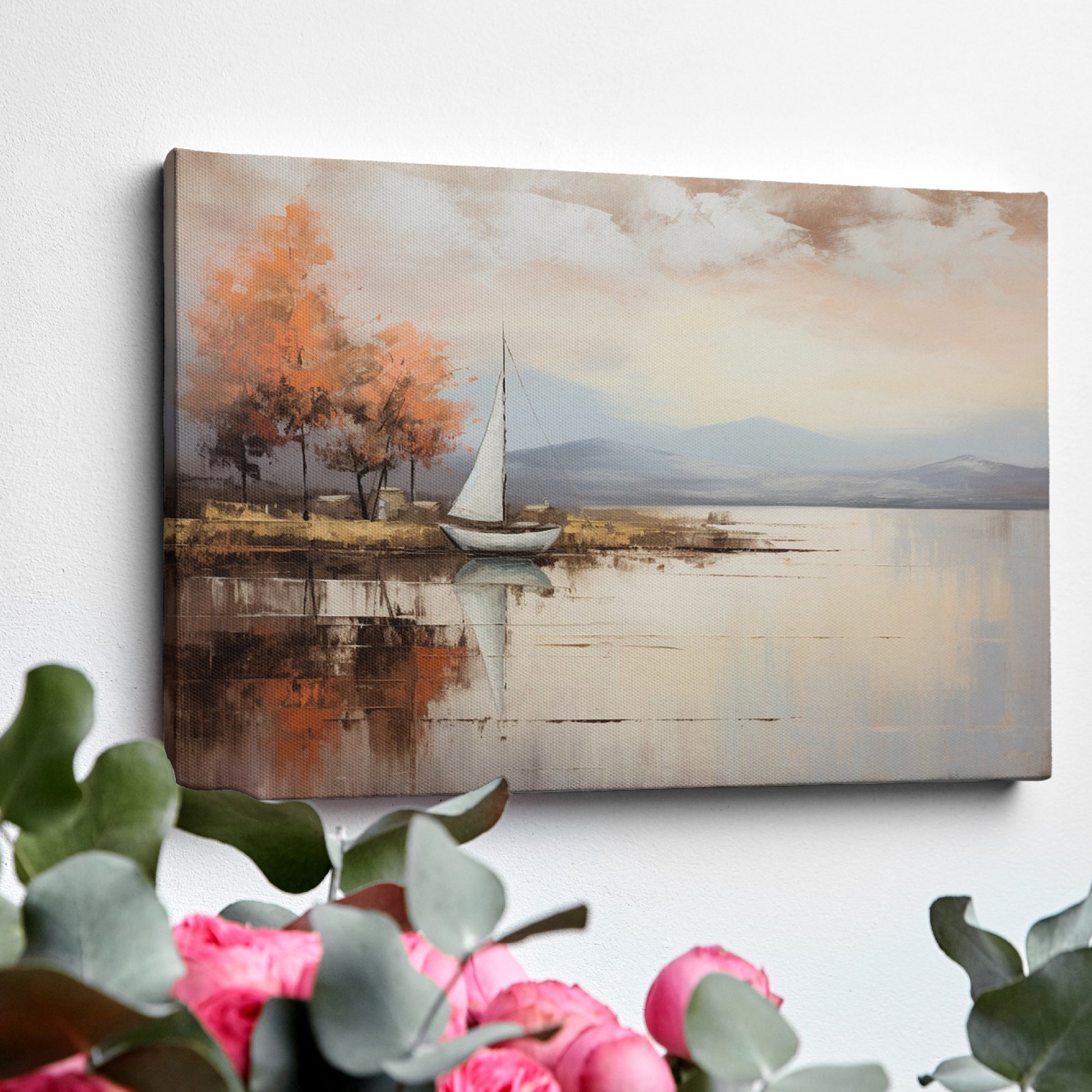 Framed canvas print of an impressionist painting with a sailing boat and autumn trees by a lake