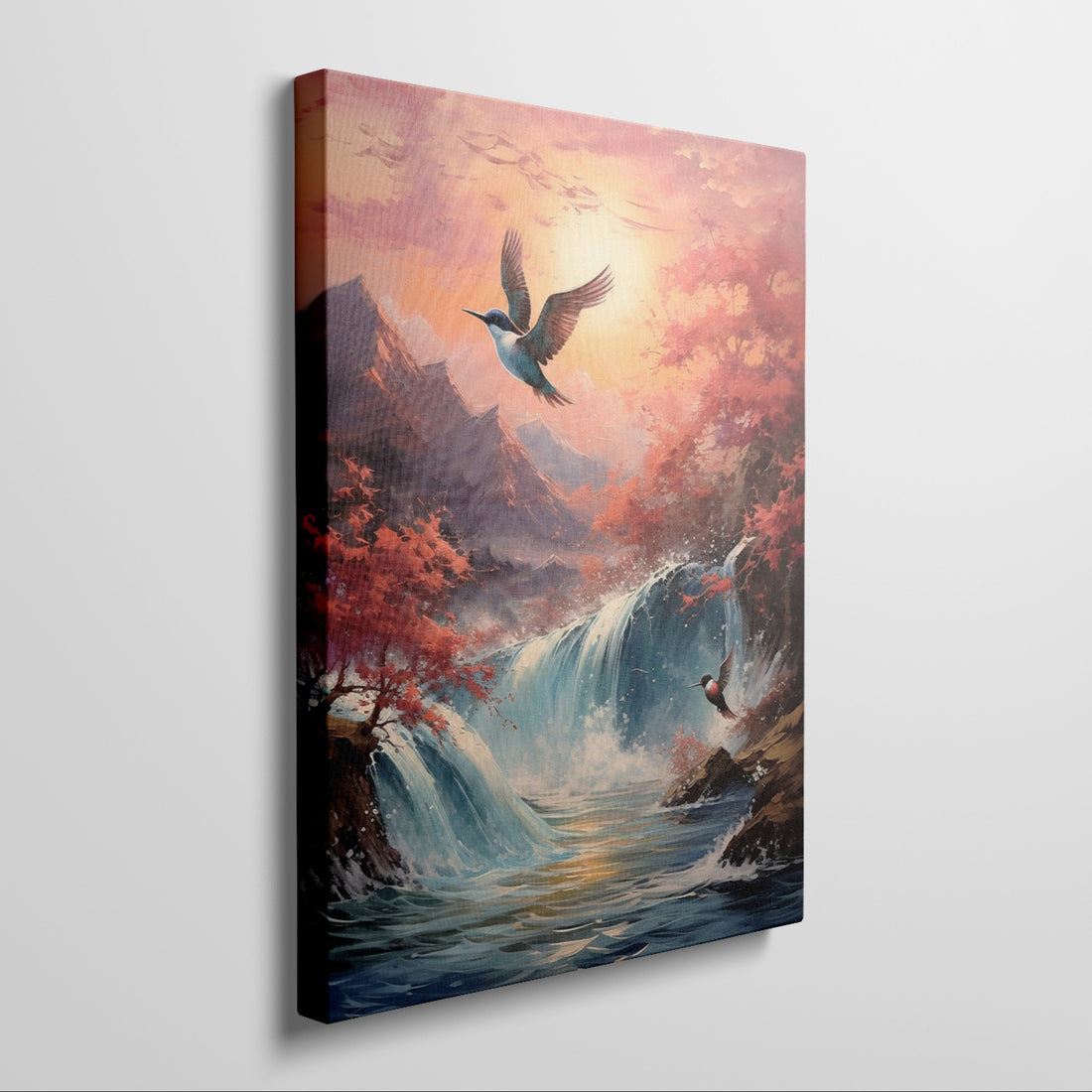 Framed canvas print of a waterfall and autumn trees with birds in flight against a sunset