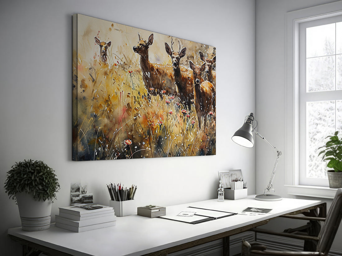 Framed canvas print of a serene watercolour depiction of deer in a natural, rustic setting with earthy tones