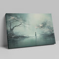 Framed canvas print of a mystical figure amidst ethereal trees and reflective waters, in pastel shades of blue and grey