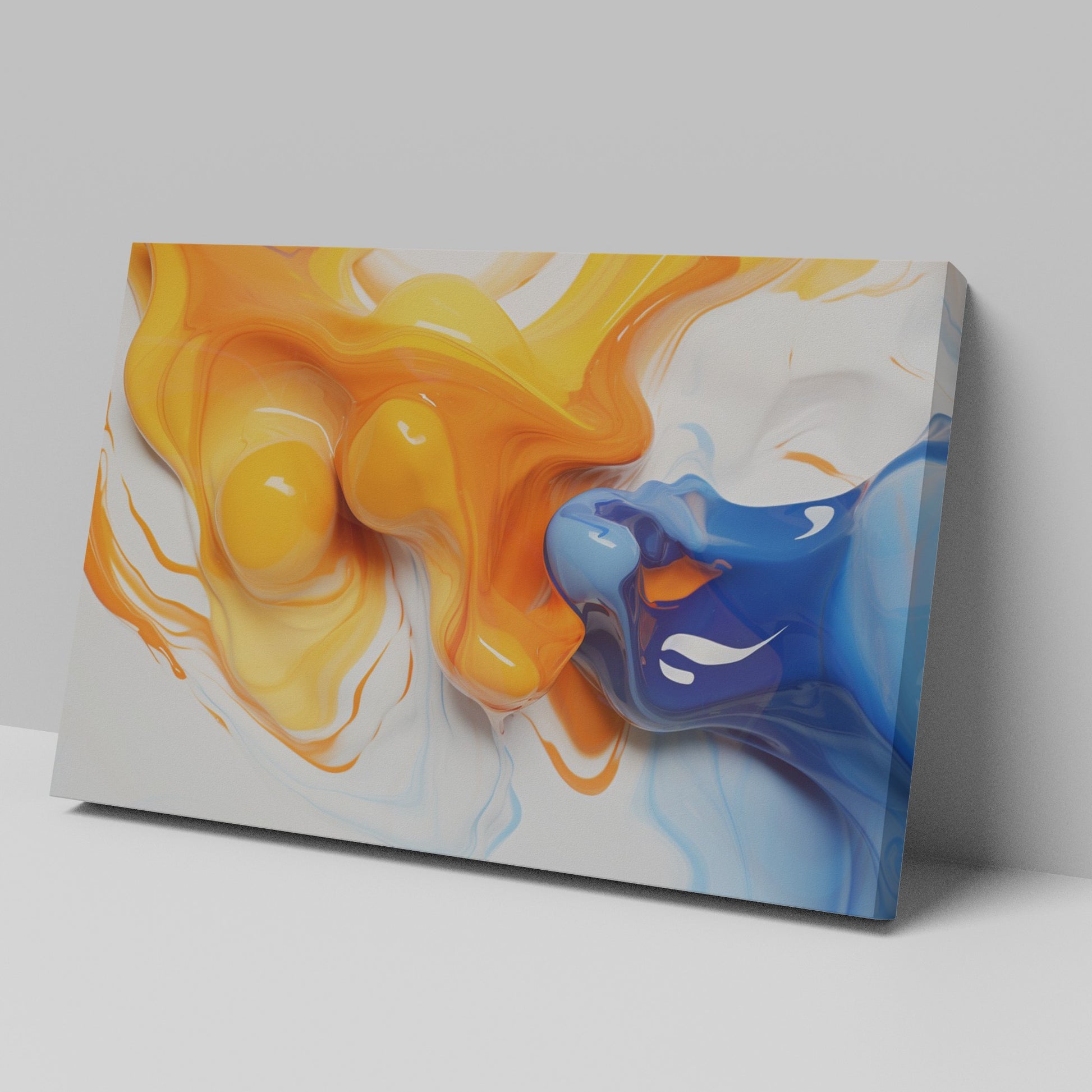 Framed canvas print of vibrant orange and blue abstract fluid art