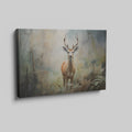 Framed canvas print of a majestic stag in a misty forest setting