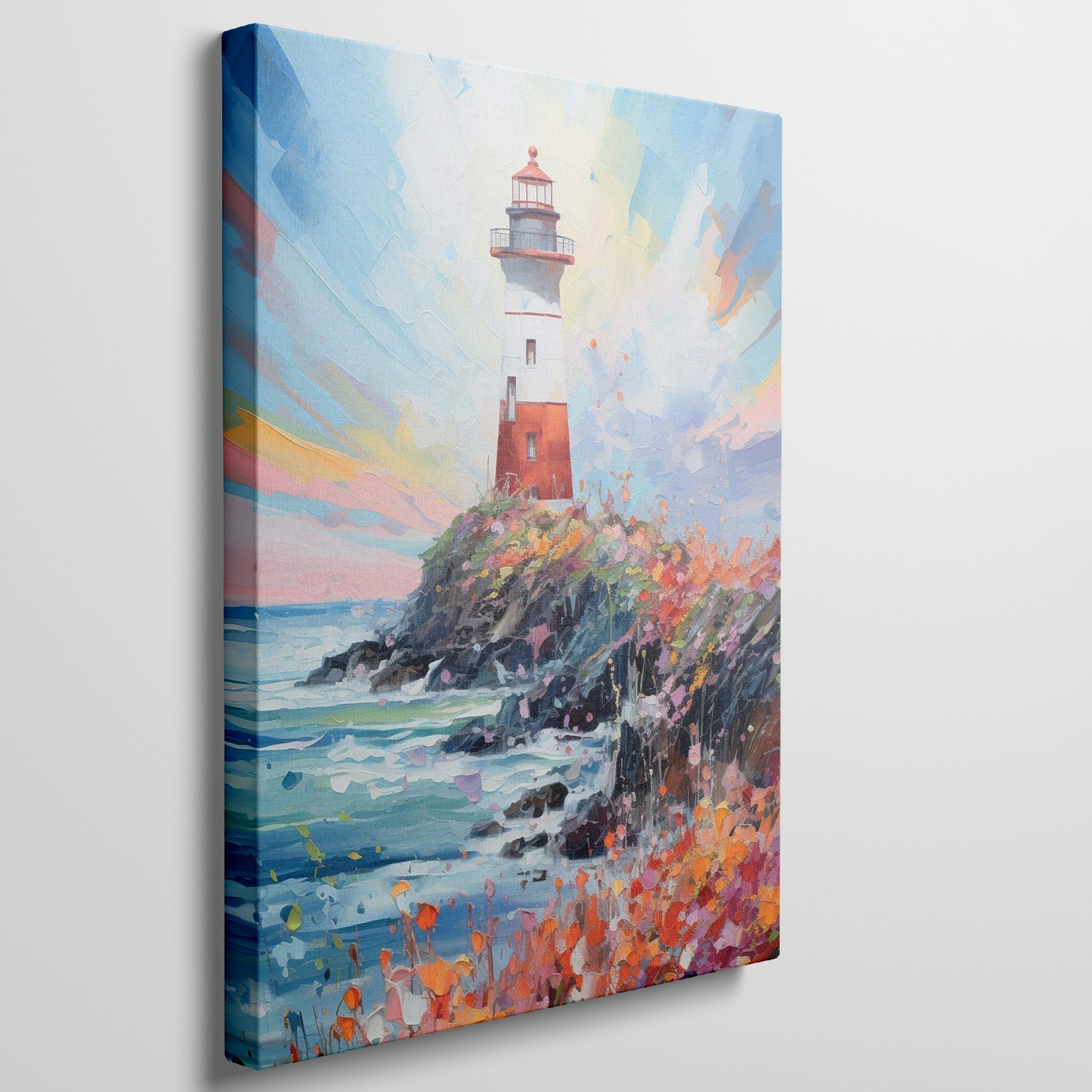 Framed canvas print of a vibrant impressionist seascape with a lighthouse at sunset