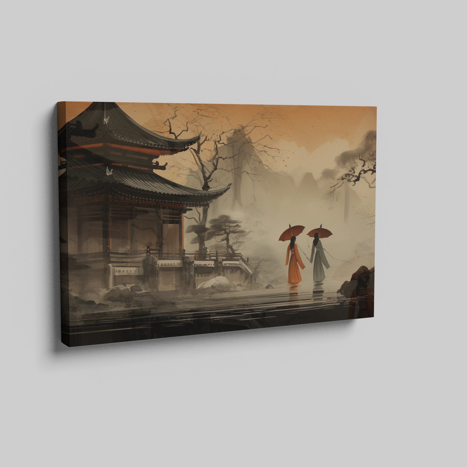 Framed canvas print of serene oriental pagoda scene with misty mountains and figures with umbrellas