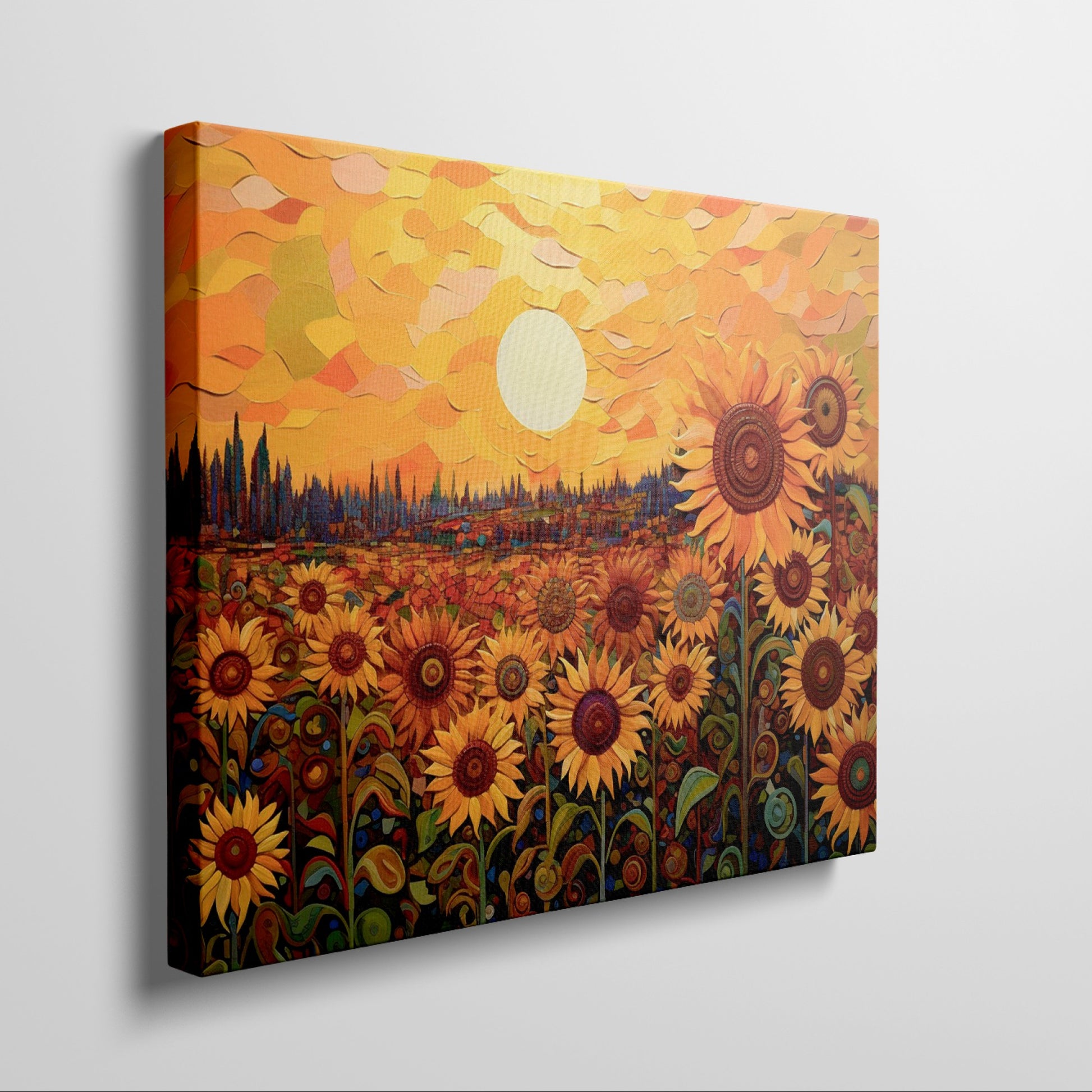 Framed canvas print of sunflowers beneath a golden sunset in an illustrative style