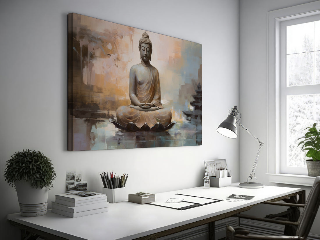 Framed canvas print of a serene Buddha in meditation with a reflective water effect and earthy color palette