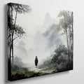 Framed canvas print featuring a solitary figure walking through a misty, ethereal bamboo forest cast in a monochrome colour scheme