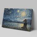 Framed canvas print of a Van Gogh-inspired starry night with a city silhouette and contemplative figure