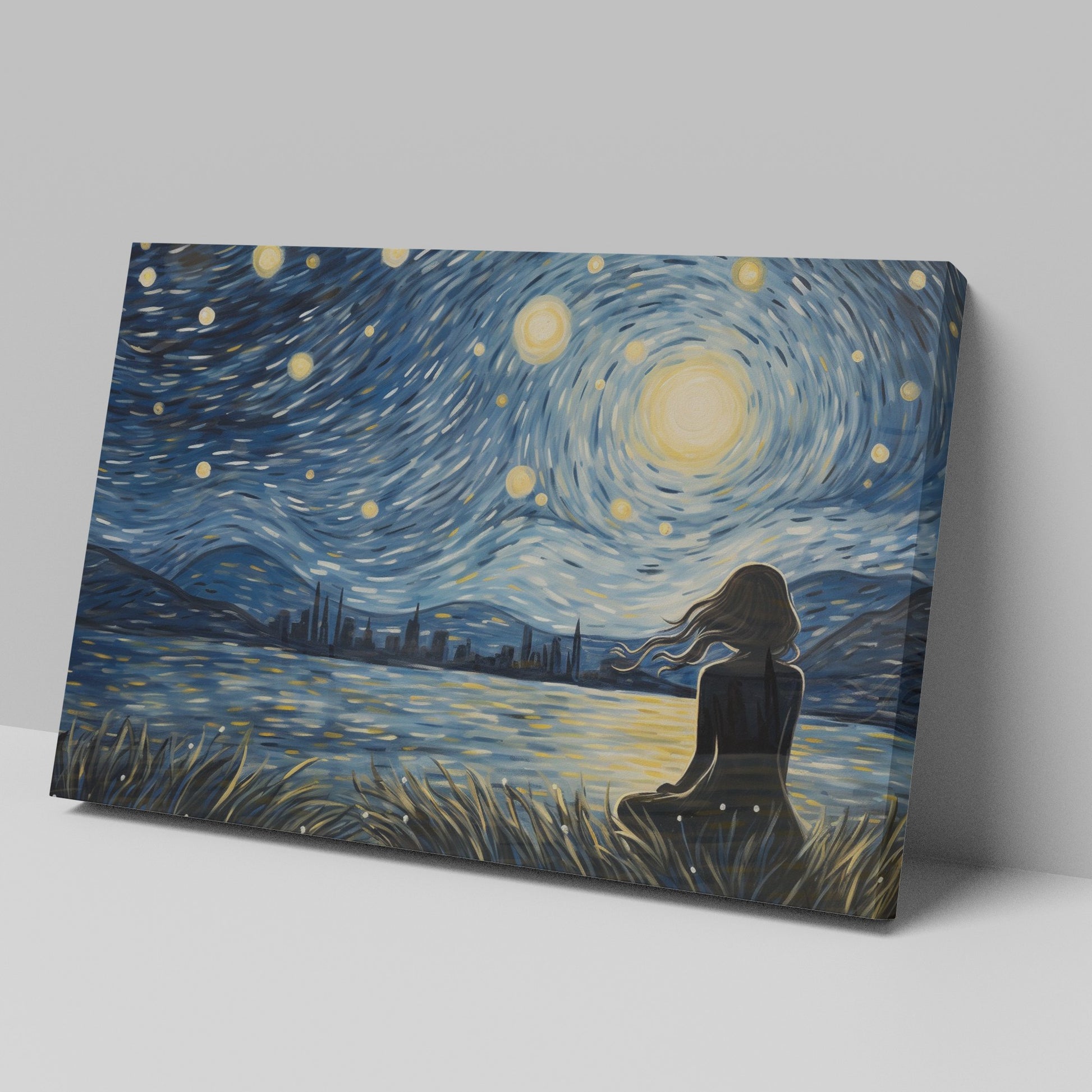 Framed canvas print of a Van Gogh-inspired starry night with a city silhouette and contemplative figure