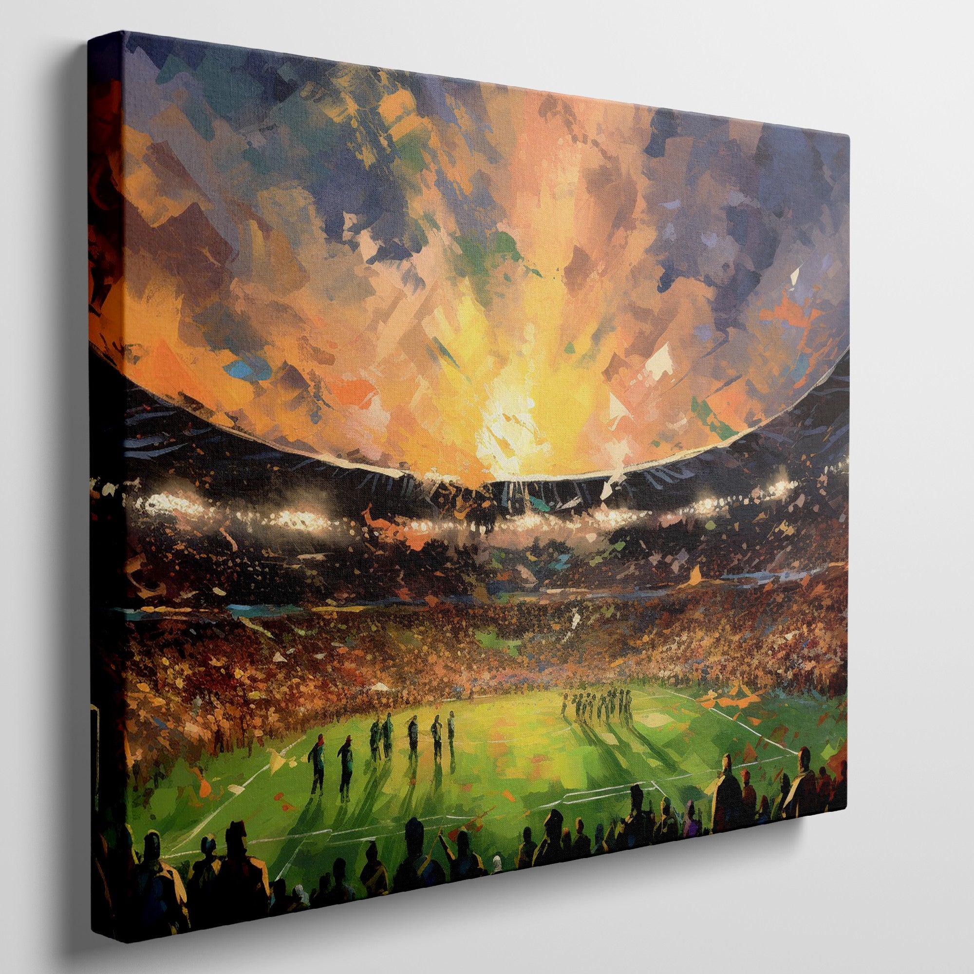 Framed canvas print of an impressionist football stadium with vibrant sunset hues