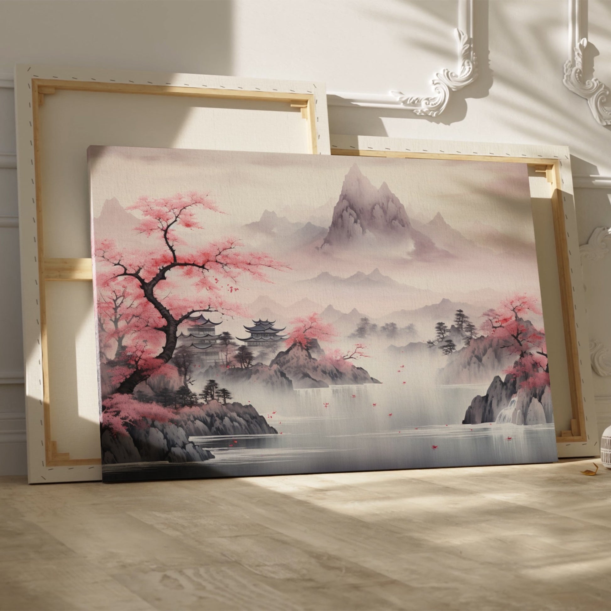 Framed canvas print of a traditional Asian landscape with cherry blossoms and misty mountains