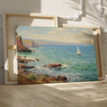 Framed canvas print of an impressionist painting depicting sailing boats on a serene sea beside a coastal cliff