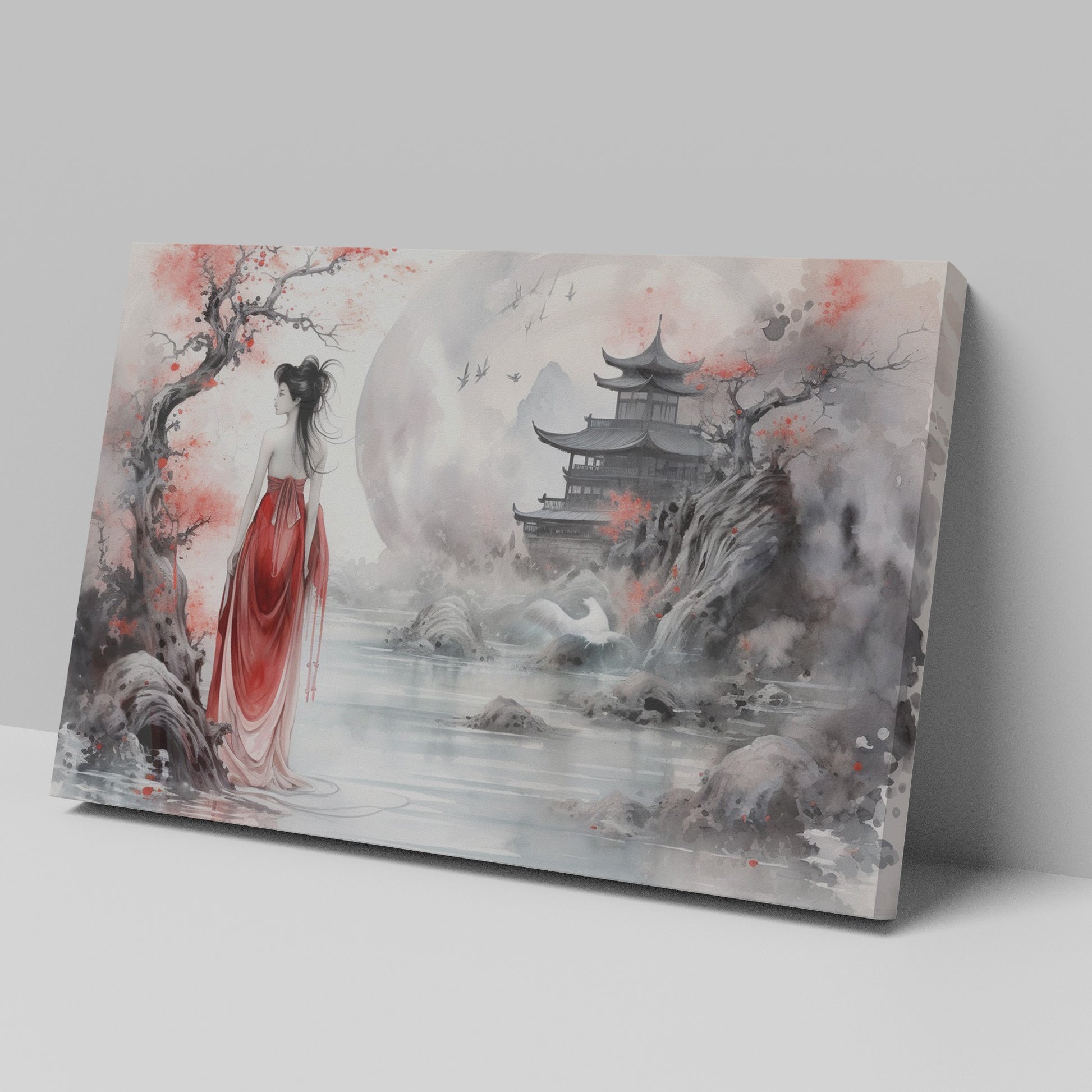 Framed canvas print of an Oriental landscape with a lady in red, cherry blossoms, and a traditional pagoda