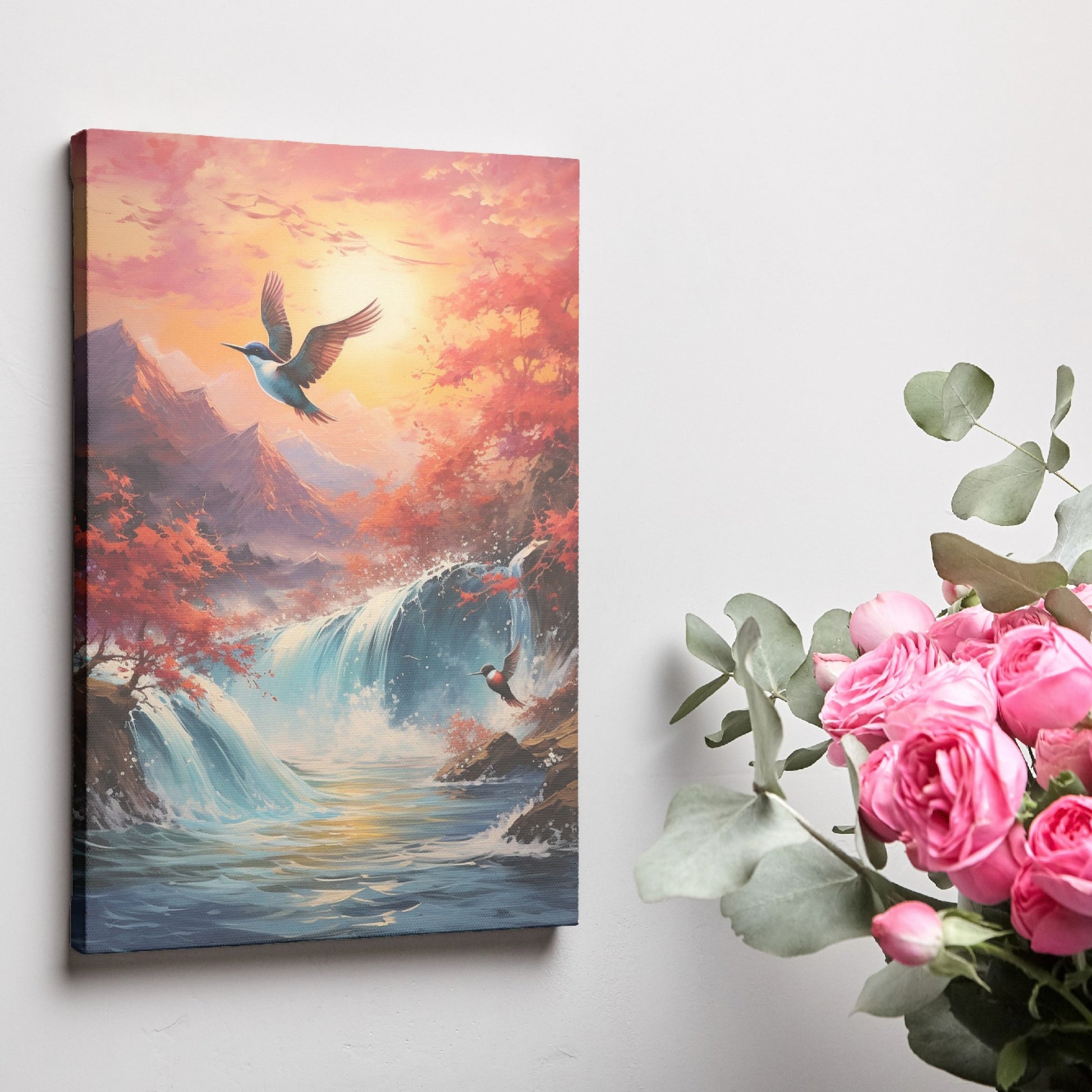 Framed canvas print of a waterfall and autumn trees with birds in flight against a sunset