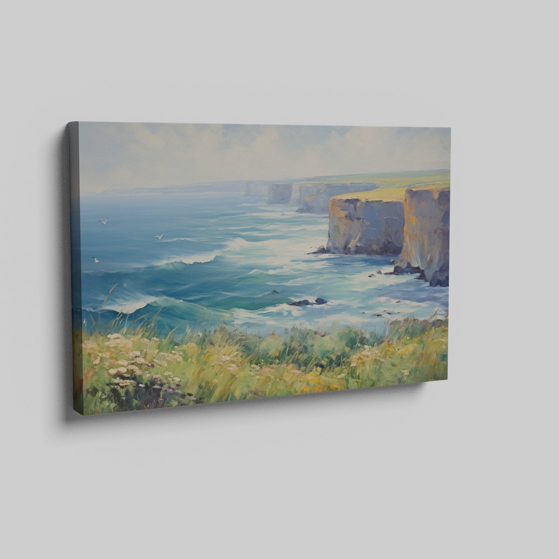 Framed canvas print of an impressionistic seascape with cliffs, wildflowers, and ocean