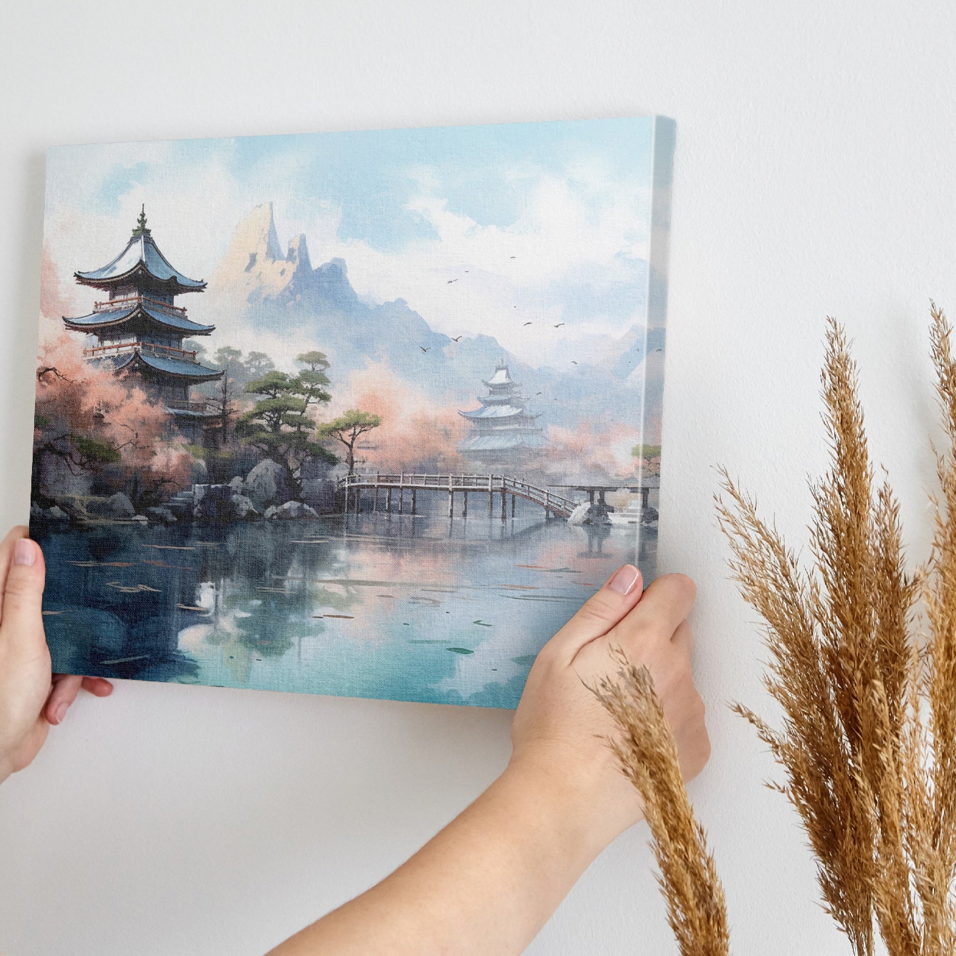 Framed canvas print of traditional Japanese pagoda and cherry blossoms with mountains in the background