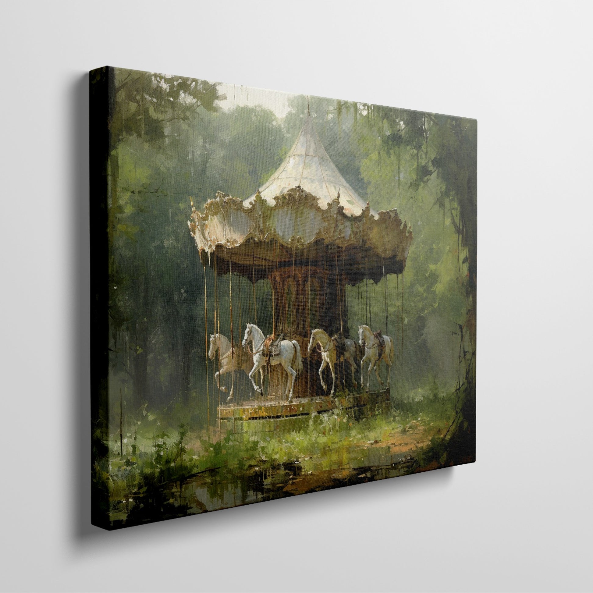 Framed canvas print of a vintage carousel in an enchanting forest setting with rich greenery and soft lighting