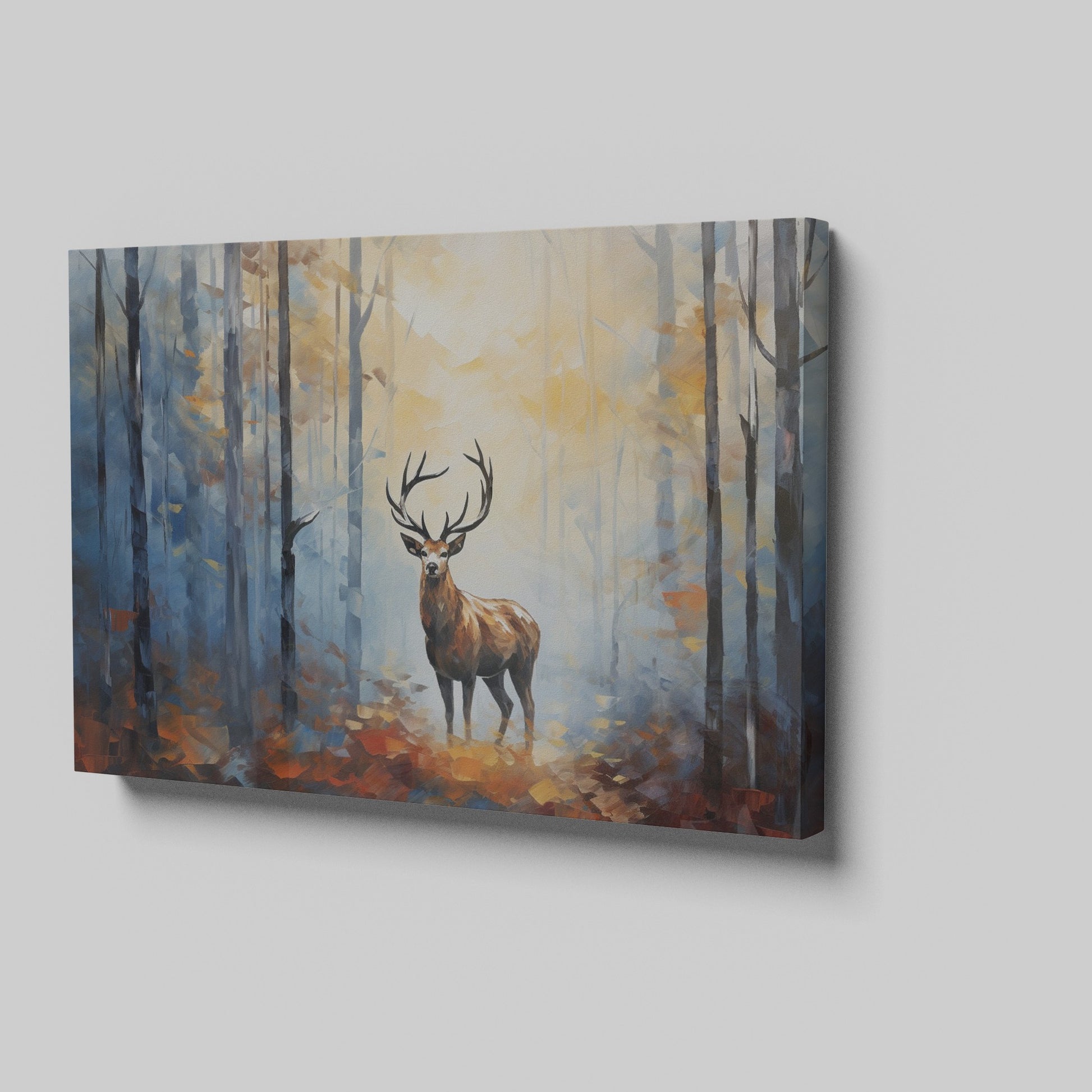 Framed canvas print of a majestic stag in a sunlit, impressionistic autumn forest