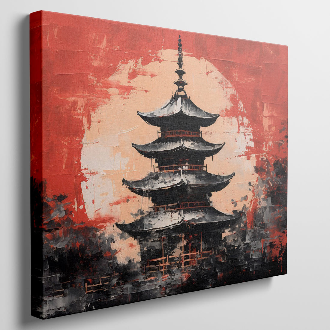 Framed canvas print of abstract Japanese pagoda in bold red and black colours