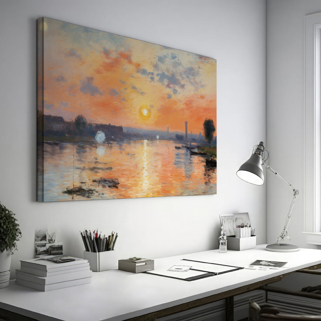 Framed canvas print of impressionist river landscape at sunset with vibrant orange and blue hues