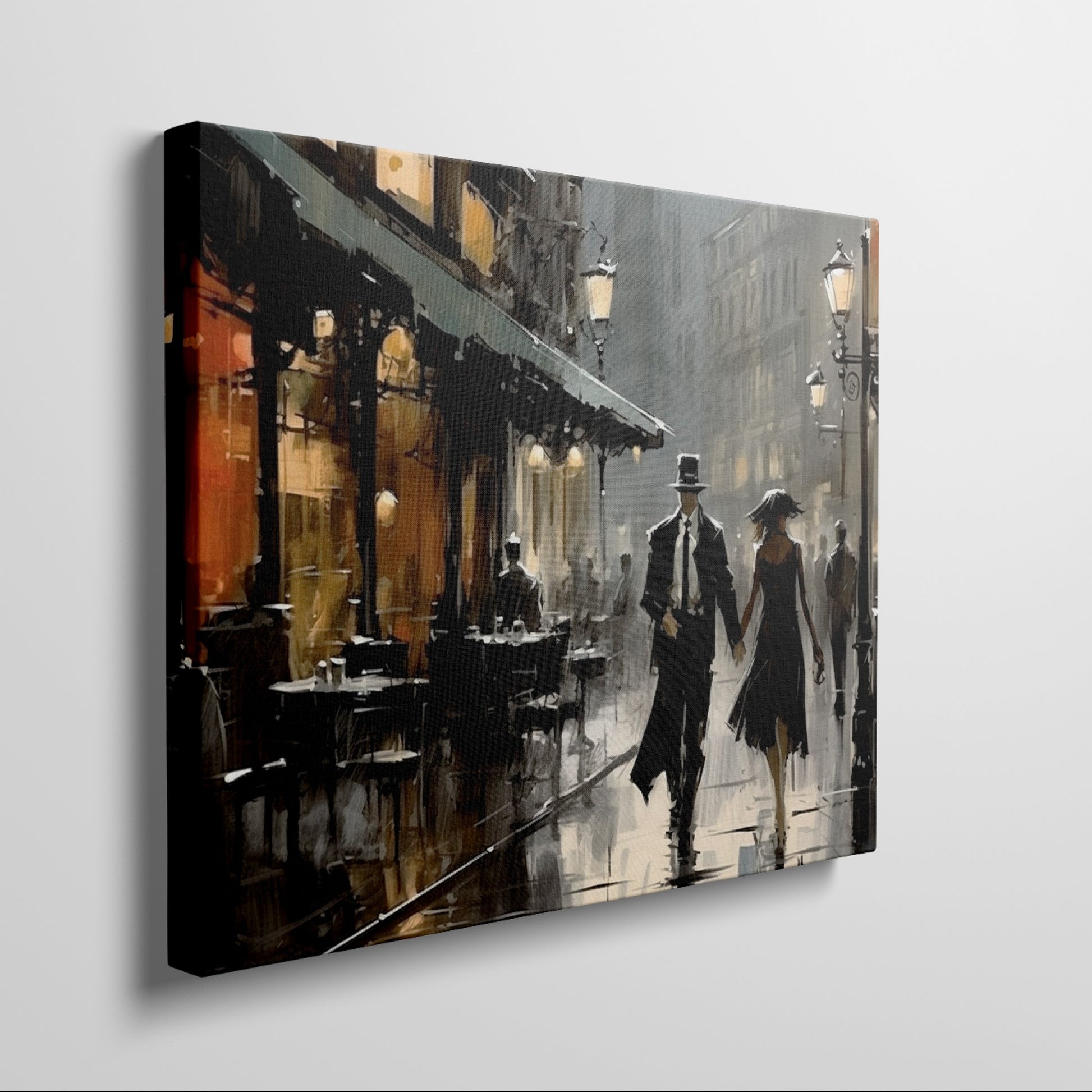 Framed canvas print of a romantic couple on a rainy evening stroll in a vintage style cityscape