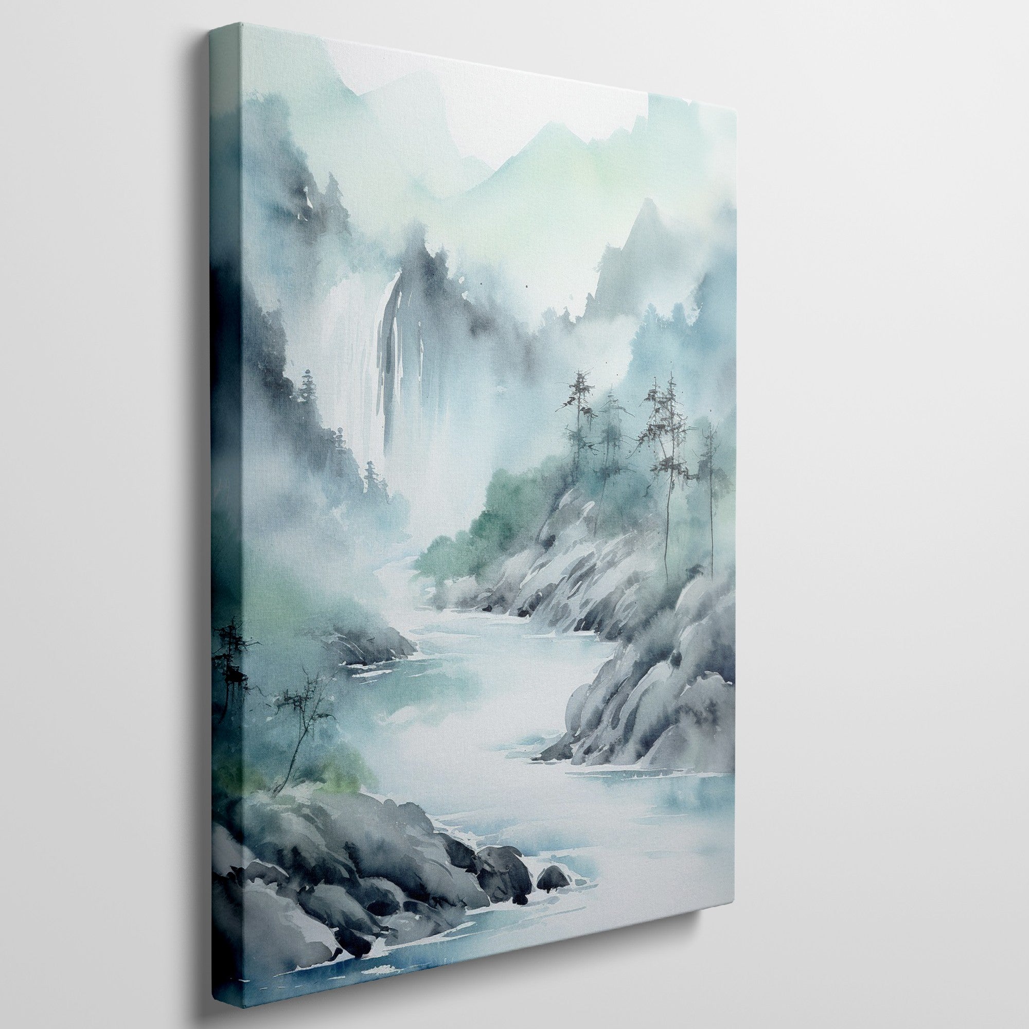 Framed canvas print of a tranquil watercolour painting depicting misty mountains and a serene river landscape in soft blue and green hues.