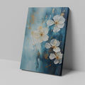 Framed canvas print of blue and gold abstract floral artwork