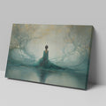 Framed canvas print of an ethereal woman amid a teal and gold enchanted forest