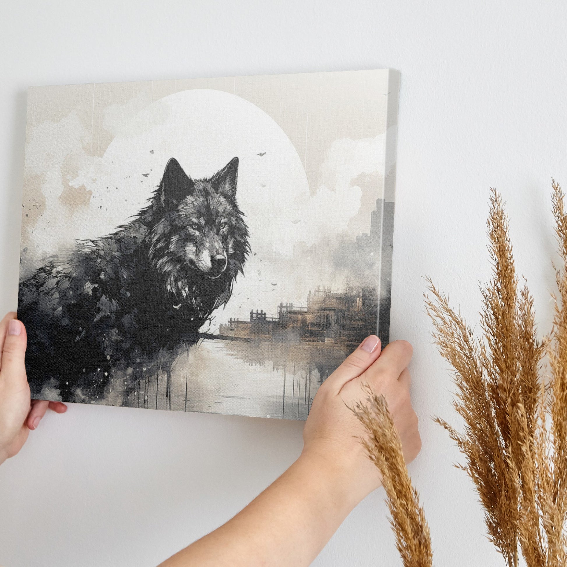 Framed canvas print of a black and white wolf against a monochrome cityscape with a full moon