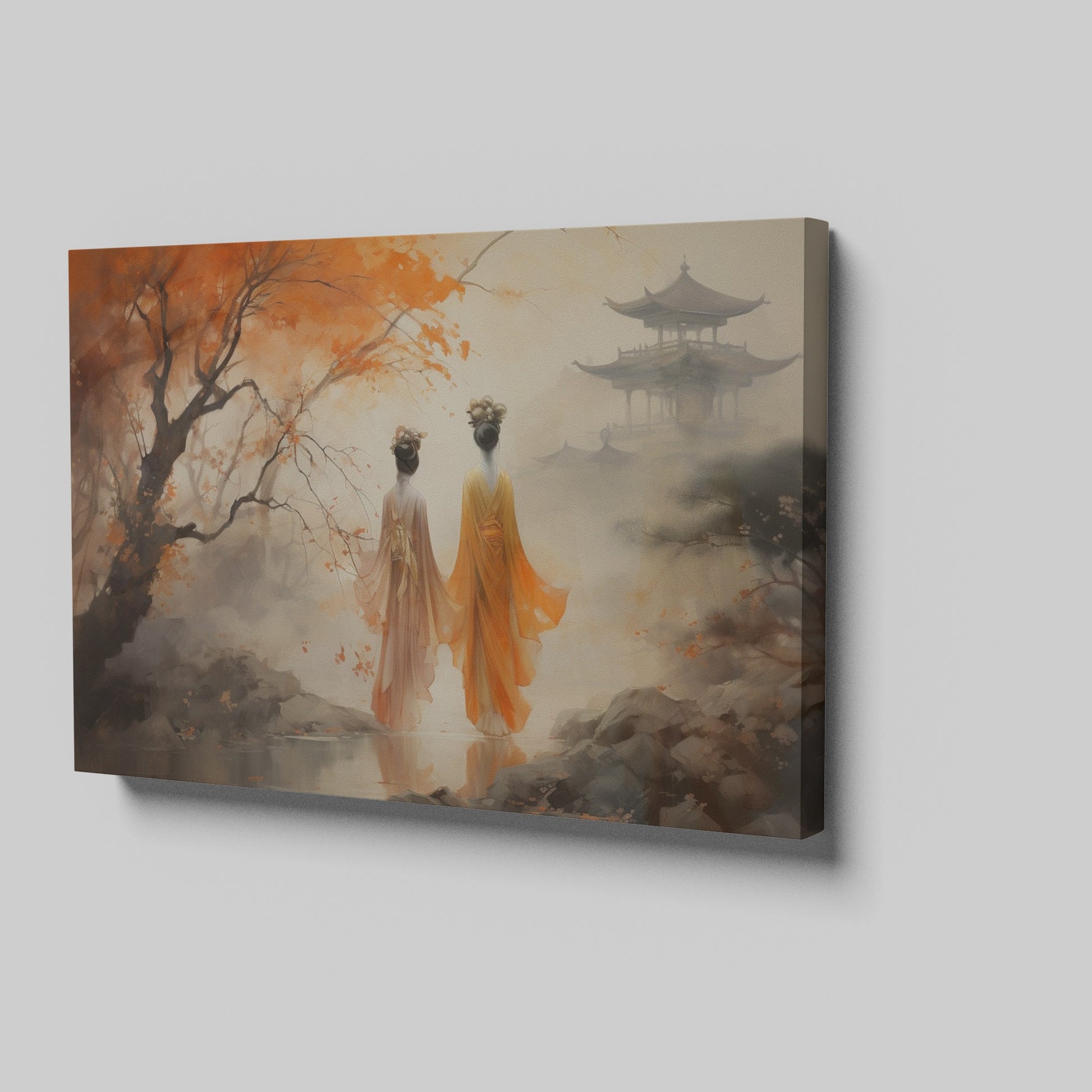 Framed canvas print of oriental scenery with two figures, autumn trees, and a pagoda