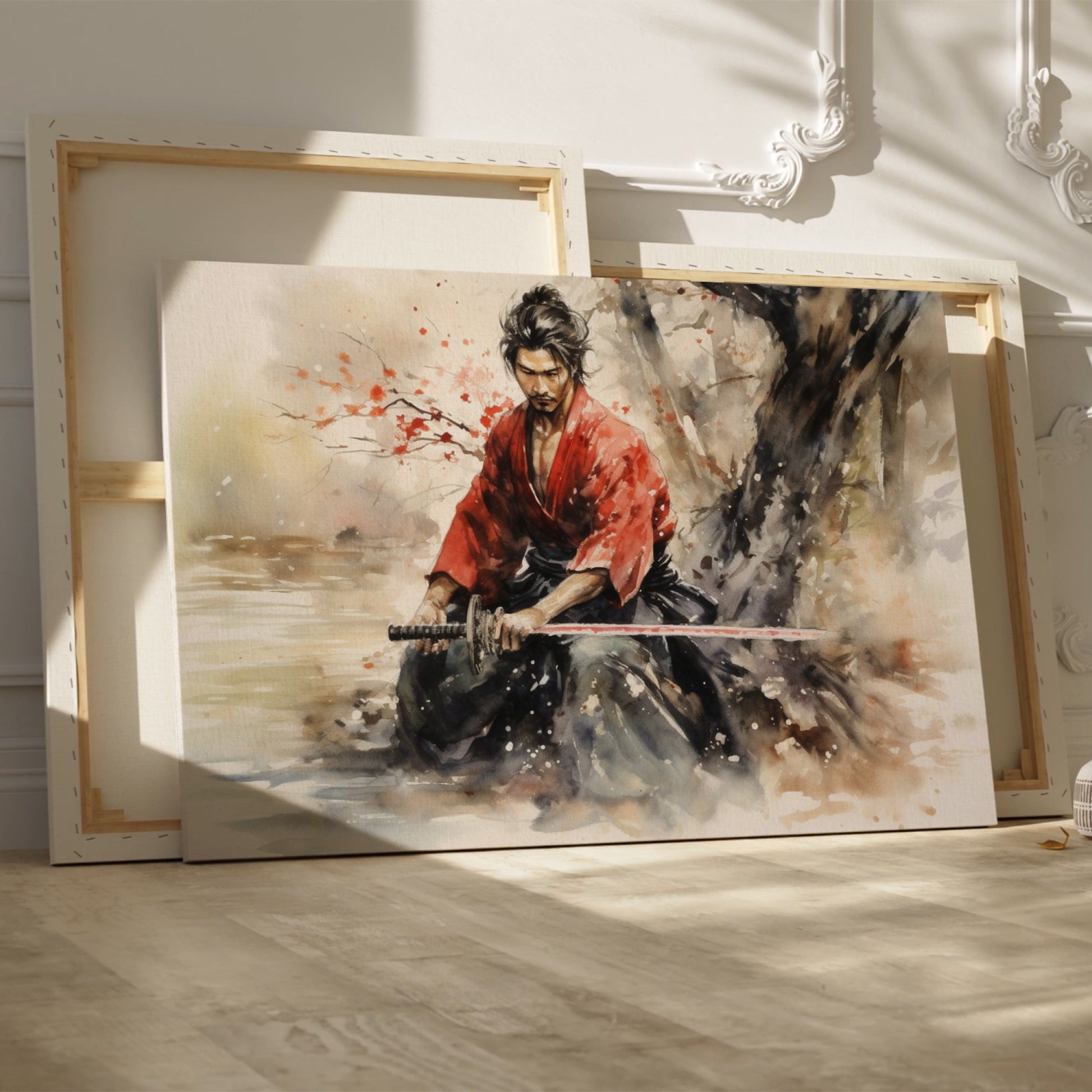 Framed canvas print of a Samurai warrior in red kimono with sword