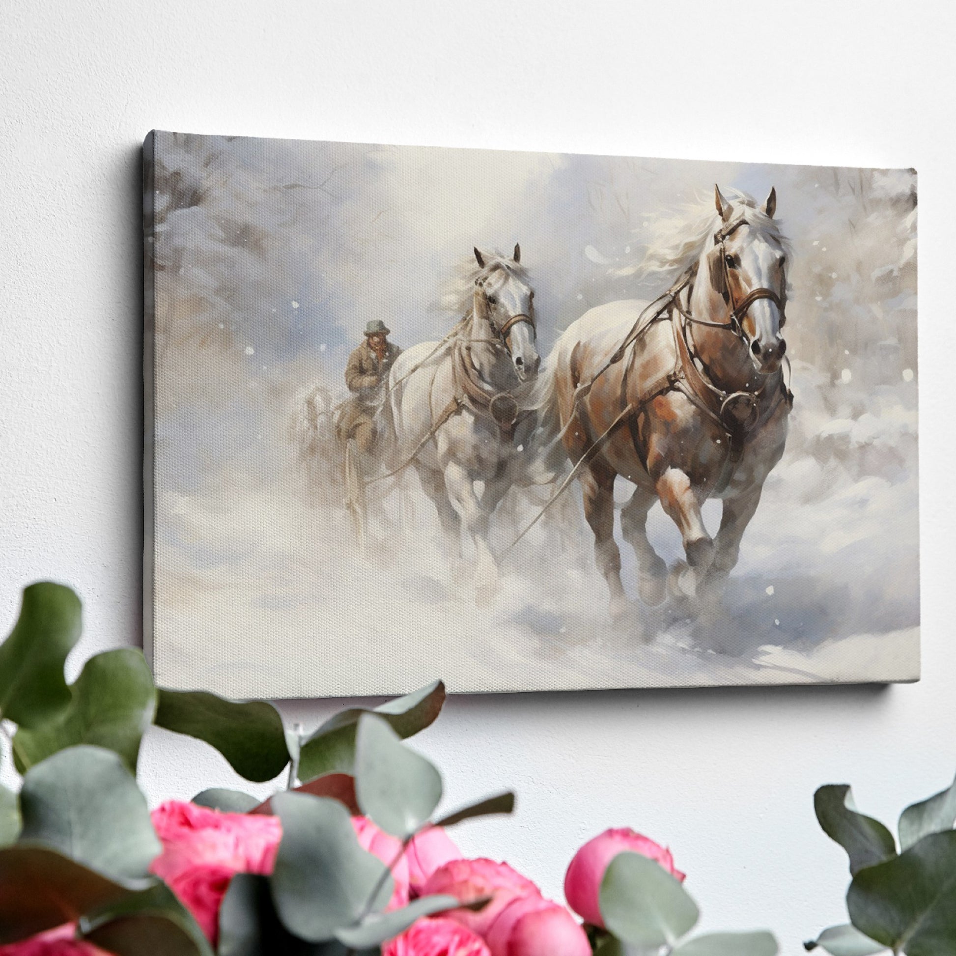 Framed canvas print of a traditional winter scene with a horse-drawn sleigh in the snow