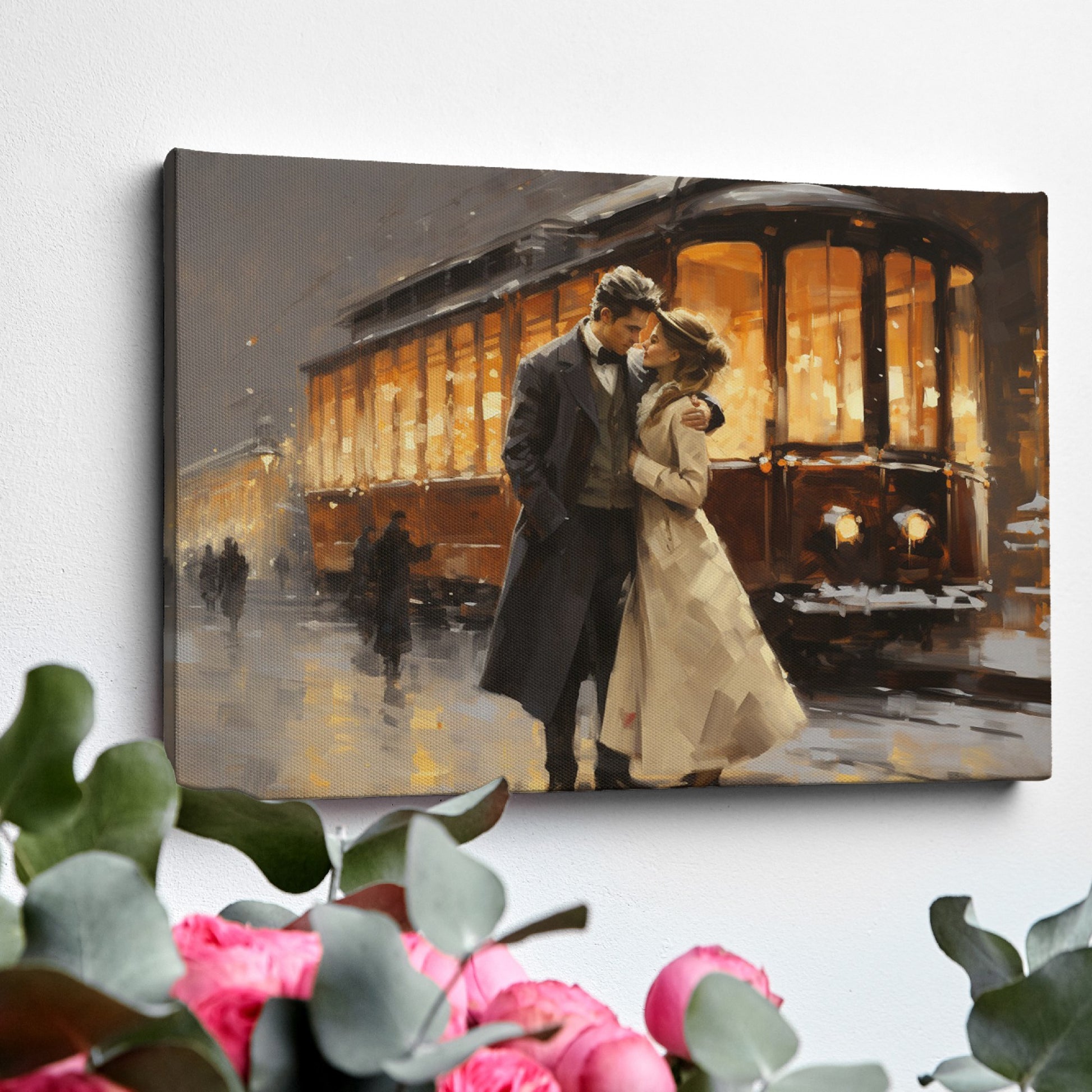 Framed canvas print of a romantic couple embracing on a snowy evening by a vintage streetcar