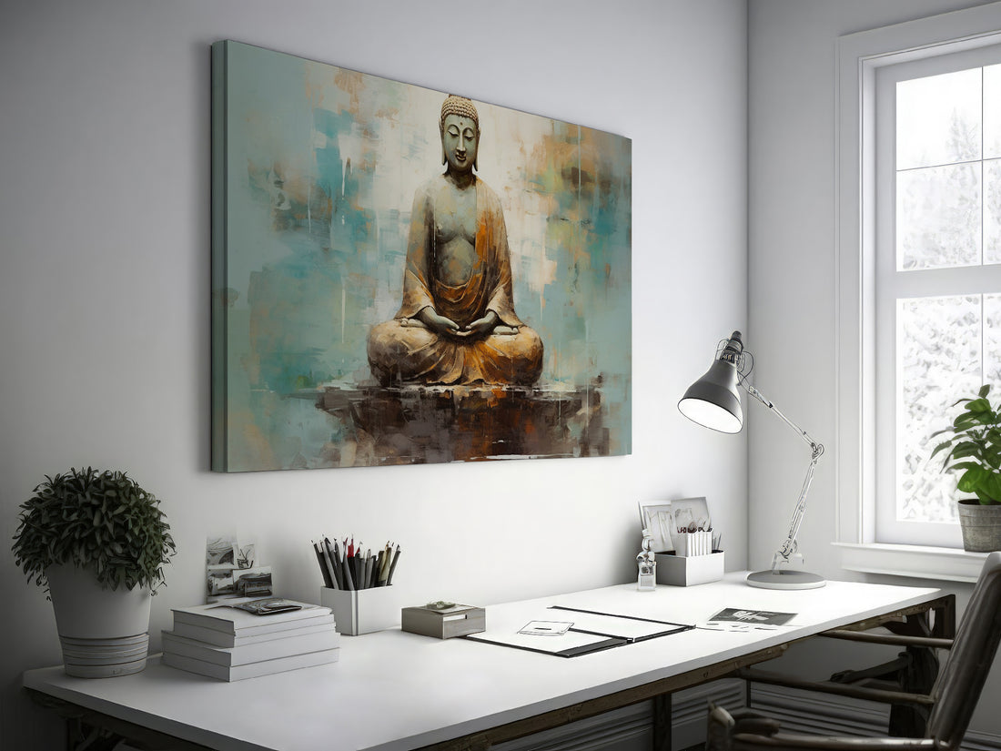 Framed canvas print of serene Buddha in meditation with an abstract textured background