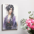 Watercolor portrait of a woman in a purple kimono with expressive eyes and artistic splashes