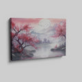 Framed canvas print of Oriental landscape with cherry blossoms and pagoda