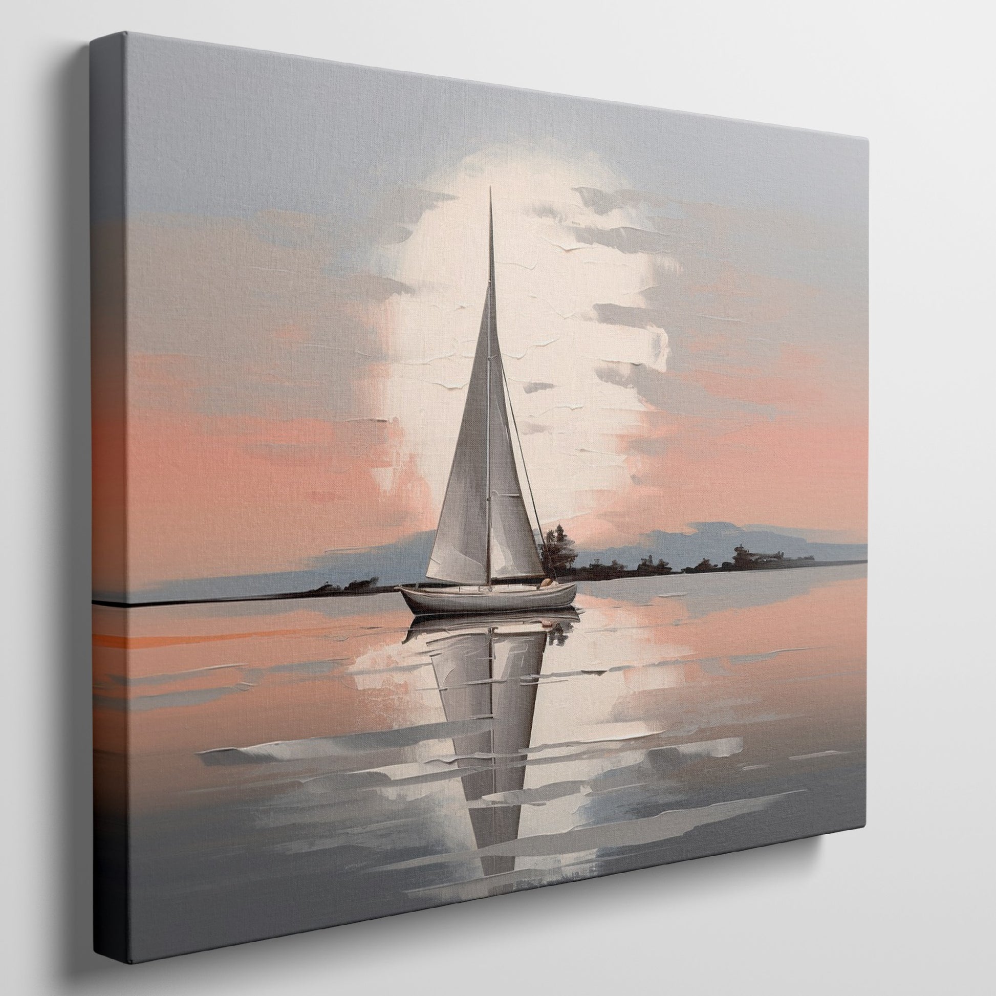 Framed canvas print of a sailboat at sunset with reflections on tranquil waters