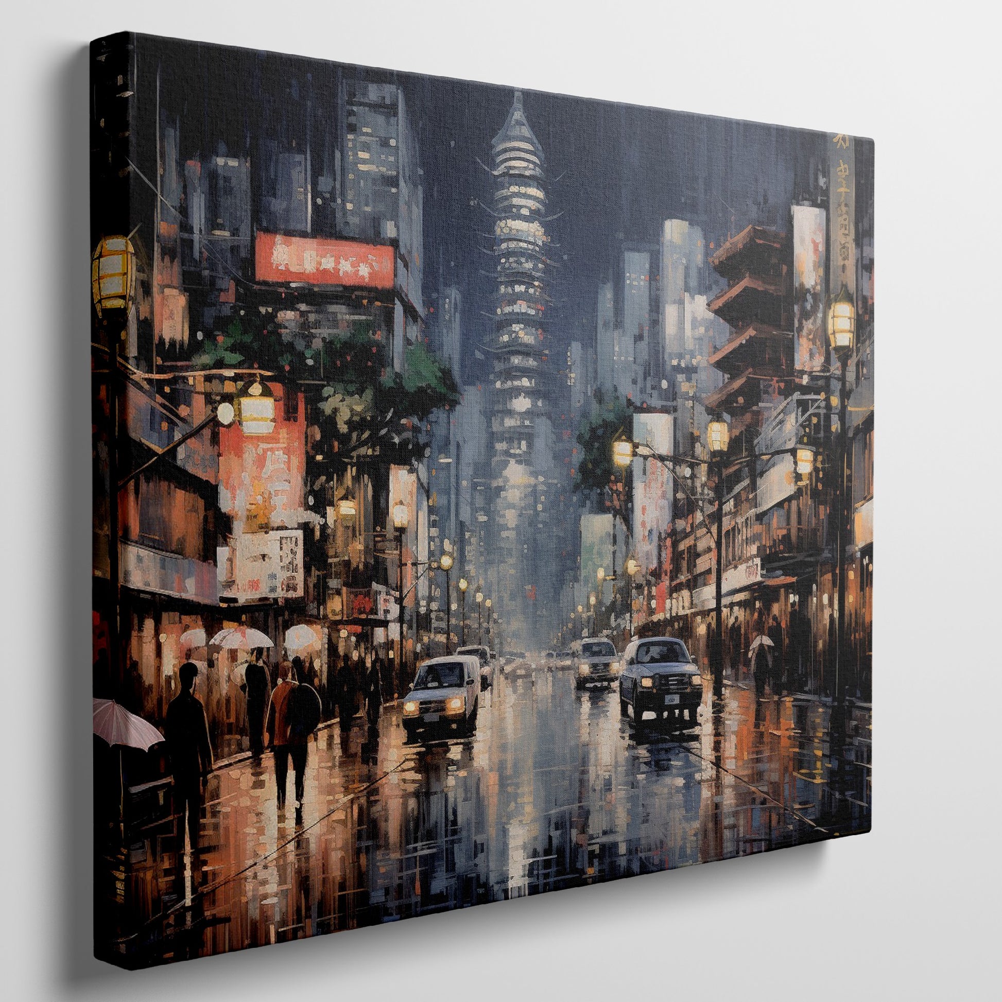 Framed canvas print of an urban street scene with illuminated pagoda and glistening rain-covered streets at night