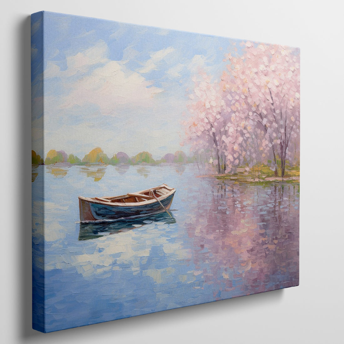 Framed canvas print of an impressionist painting featuring cherry blossoms and a serene lake with a boat