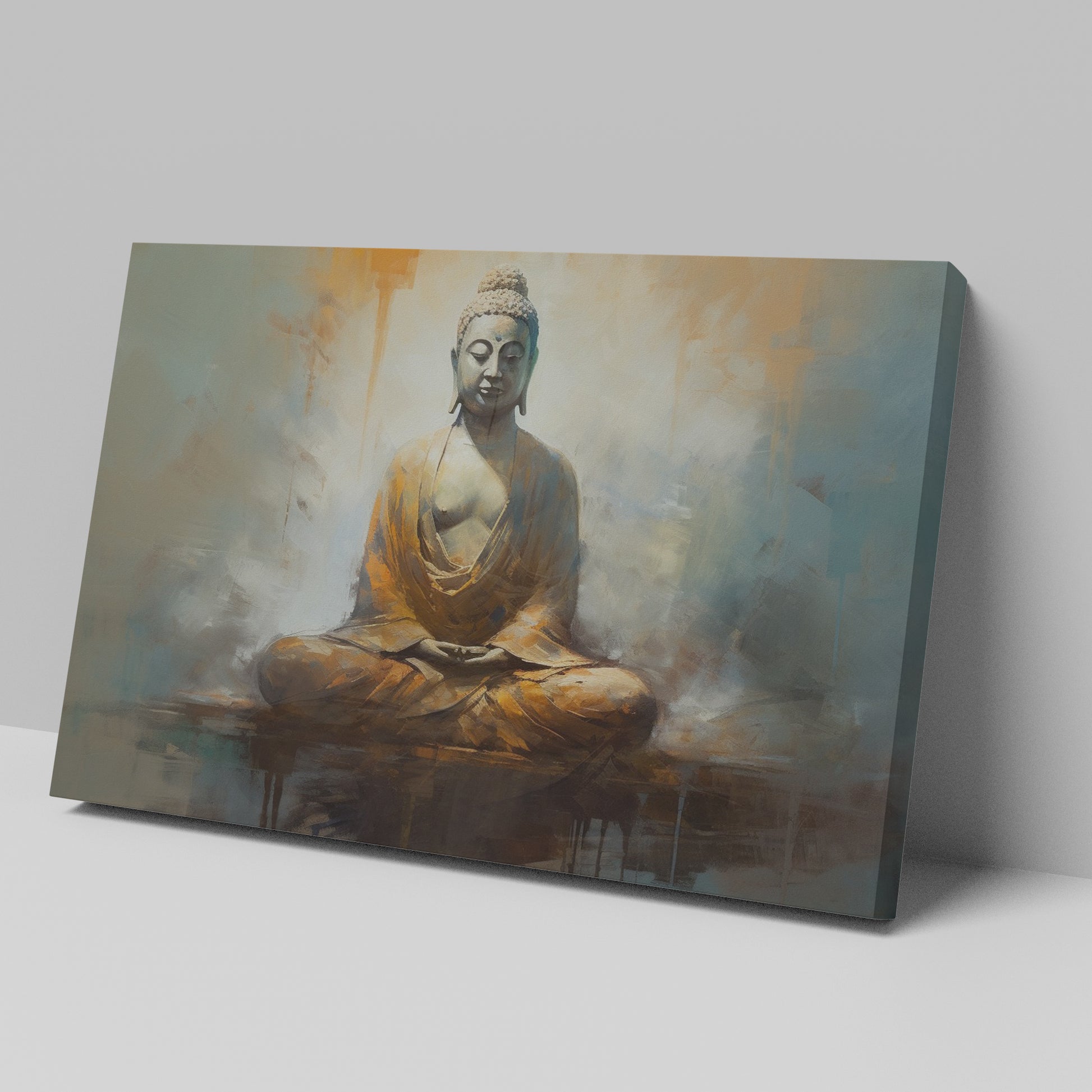 Framed canvas print of serene Buddha in meditation with abstract warm background