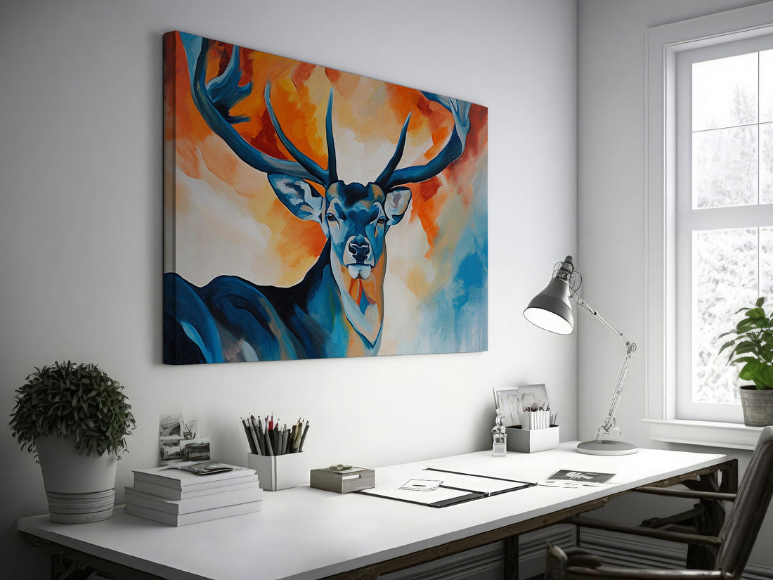 Framed canvas print of a stylized stag with abstract blue and orange background